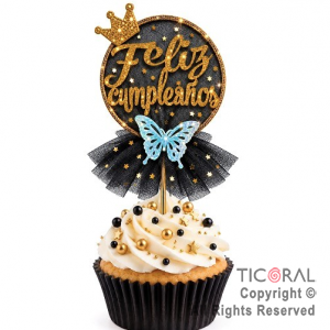 CAKE TOPPER FELIZ CUMPLEA�OS CIRCULO ORO CON TUL NEGRO